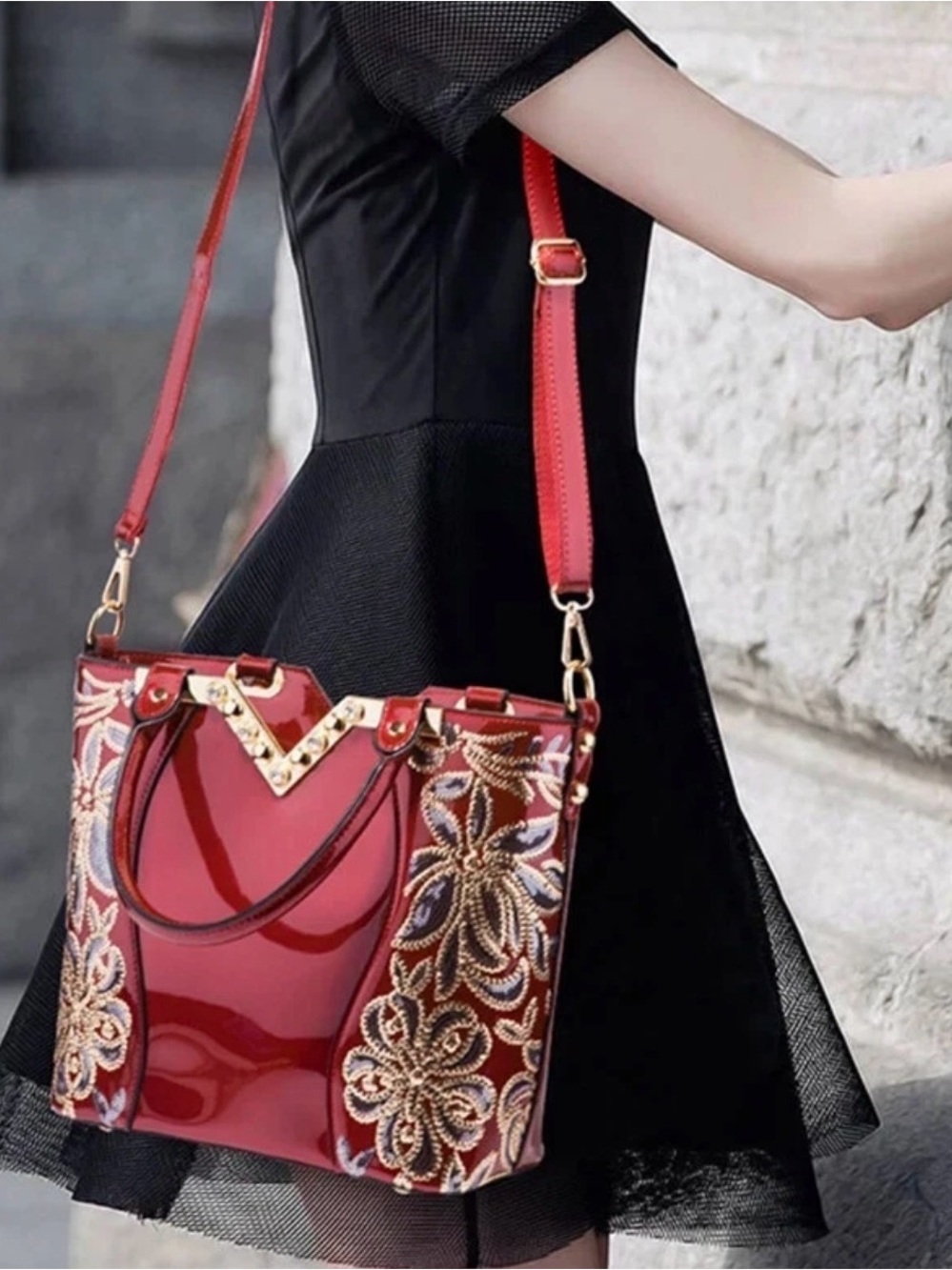 Cherry Red Faux Patent Sequin Floral Crossbody Y2K Vintage Glam Party Purse - Picture 1 of 12